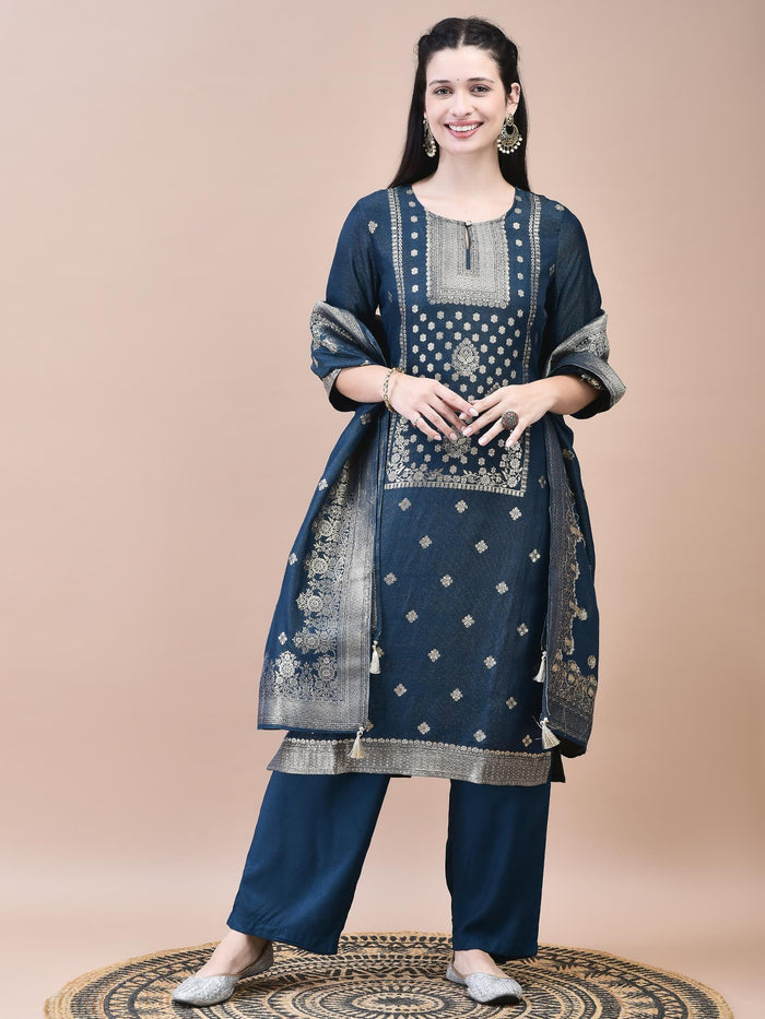 Women Dola Jacquard Blue Woven Kurta Comfort Pant Dupatta.