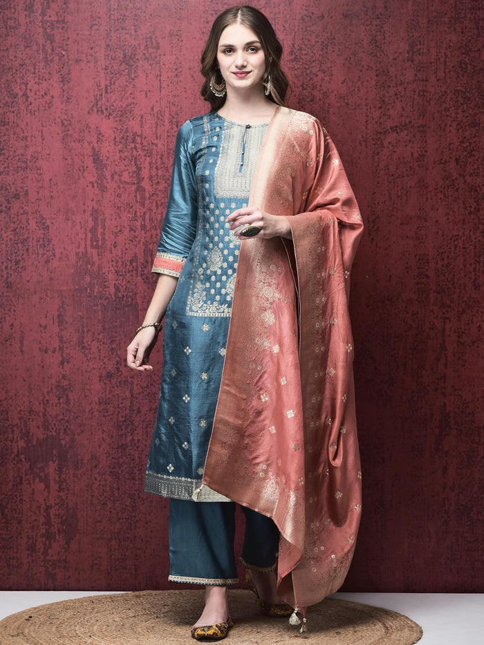 Women Dola Jacquard Blue Woven Kurta Comfort Pant Dupatta.