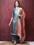 Women Dola Jacquard Blue Woven Kurta Comfort Pant Dupatta.