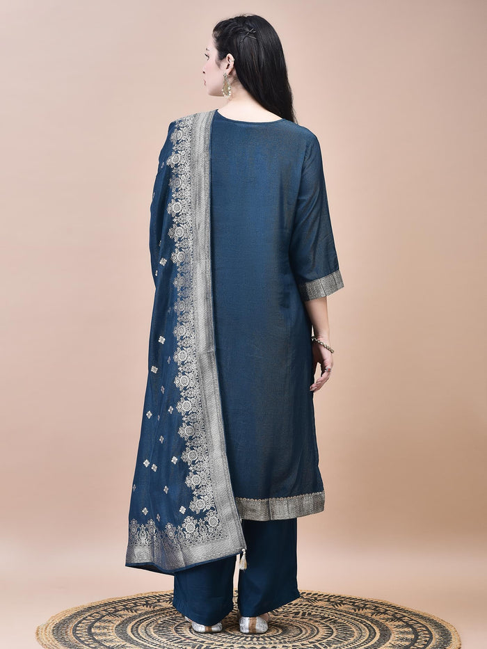 Women Dola Jacquard Blue Woven Kurta Comfort Pant Dupatta.