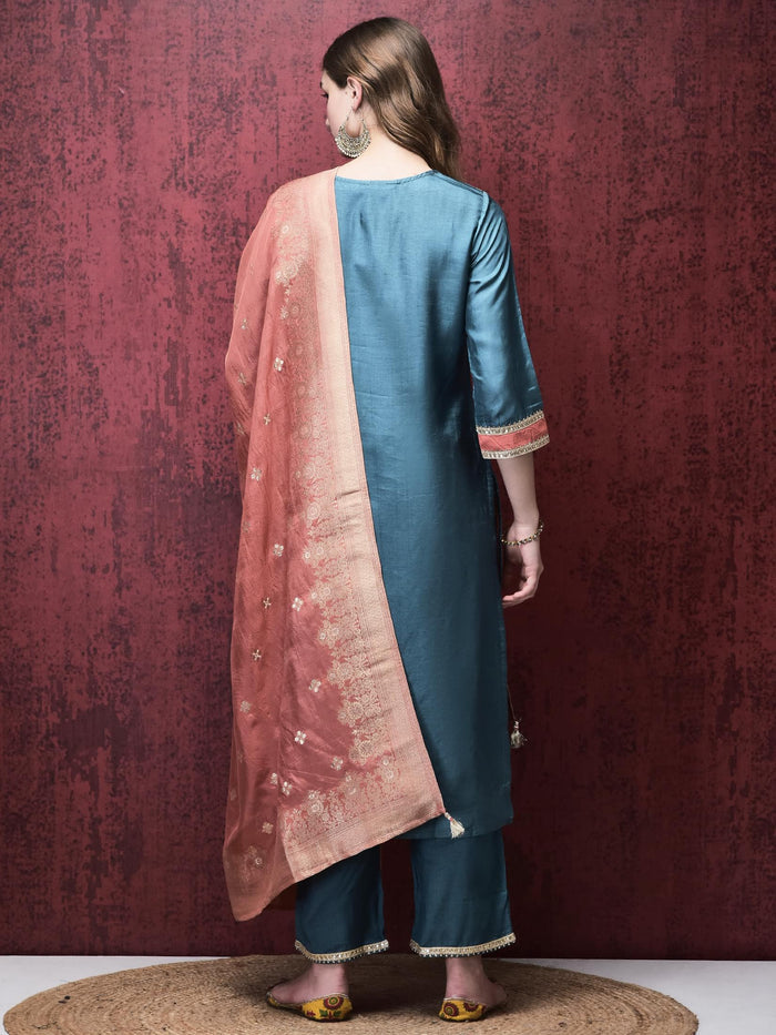 Women Dola Jacquard Blue Woven Kurta Comfort Pant Dupatta.