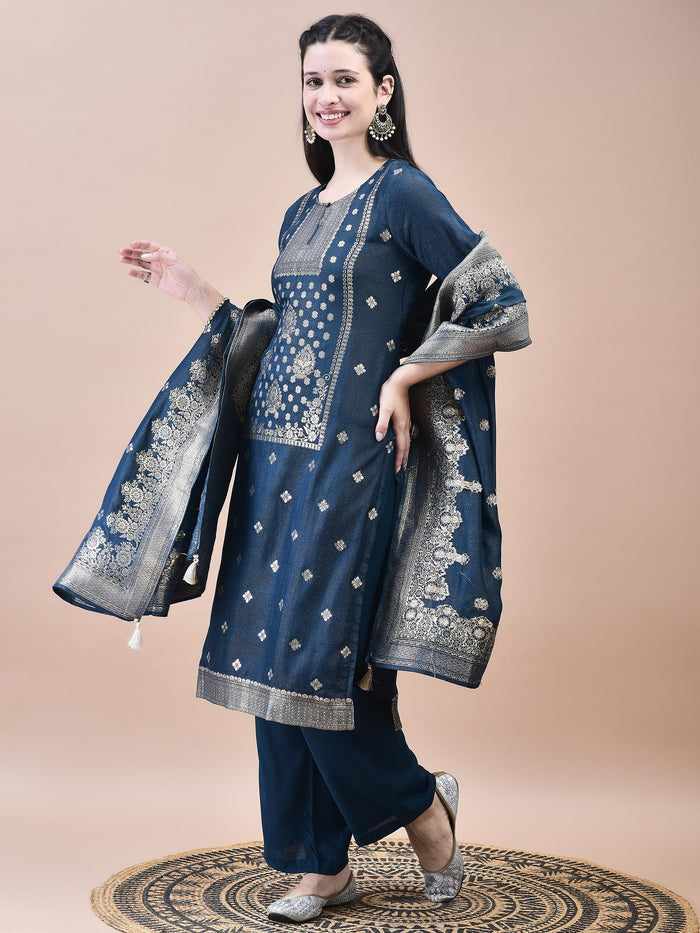 Women Dola Jacquard Blue Woven Kurta Comfort Pant Dupatta.