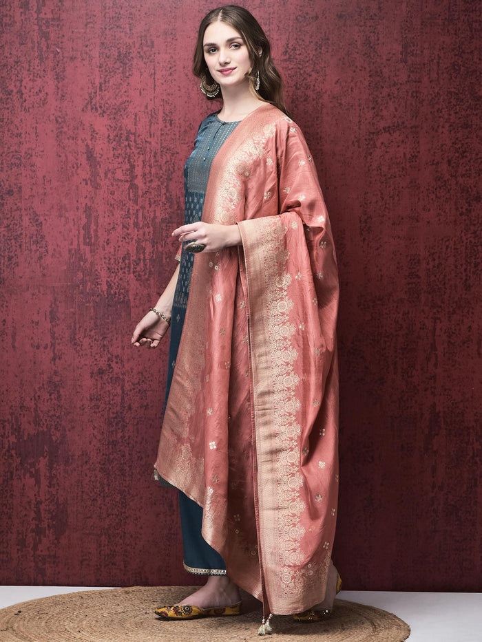 Women Dola Jacquard Blue Woven Kurta Comfort Pant Dupatta.