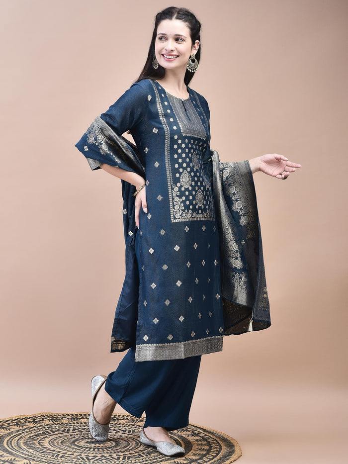 Women Dola Jacquard Blue Woven Kurta Comfort Pant Dupatta.
