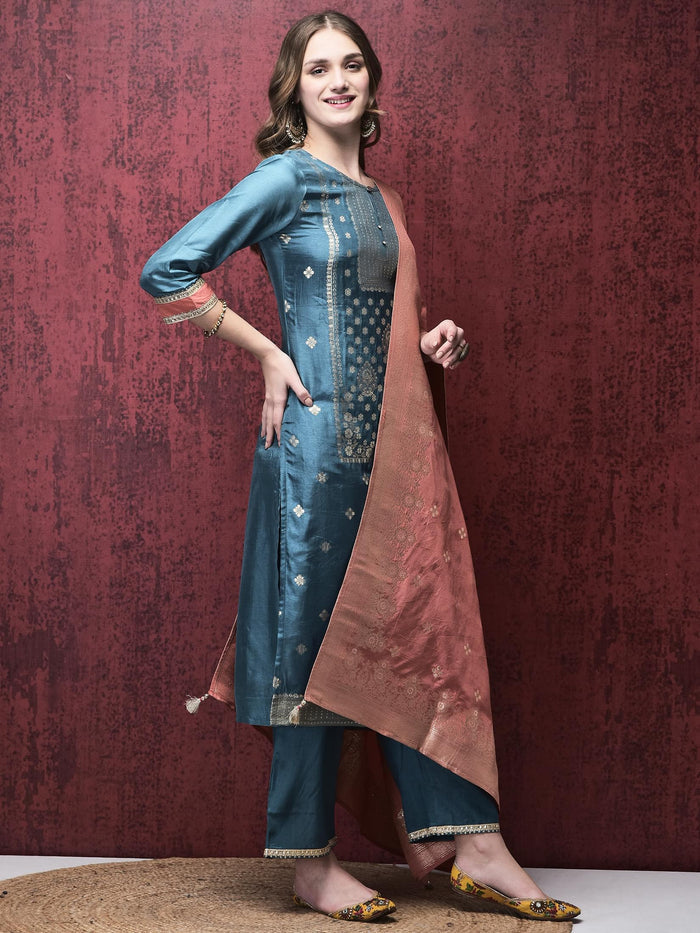 Women Dola Jacquard Blue Woven Kurta Comfort Pant Dupatta.