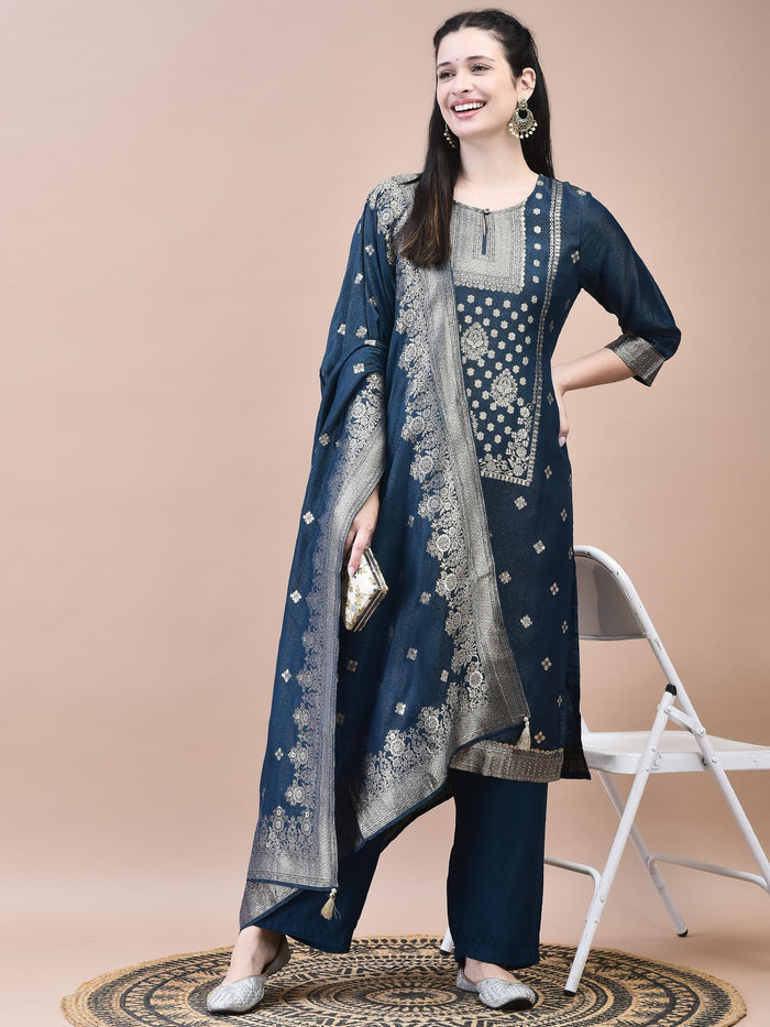 Women Dola Jacquard Blue Woven Kurta Comfort Pant Dupatta.