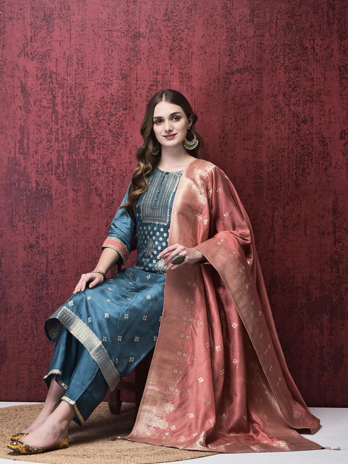 Women Dola Jacquard Blue Woven Kurta Comfort Pant Dupatta.