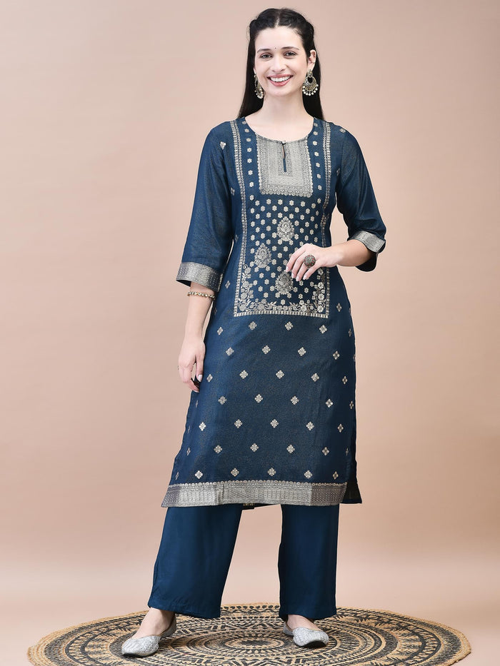 Women Dola Jacquard Blue Woven Kurta Comfort Pant Dupatta.