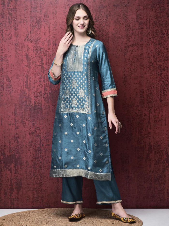 Women Dola Jacquard Blue Woven Kurta Comfort Pant Dupatta.
