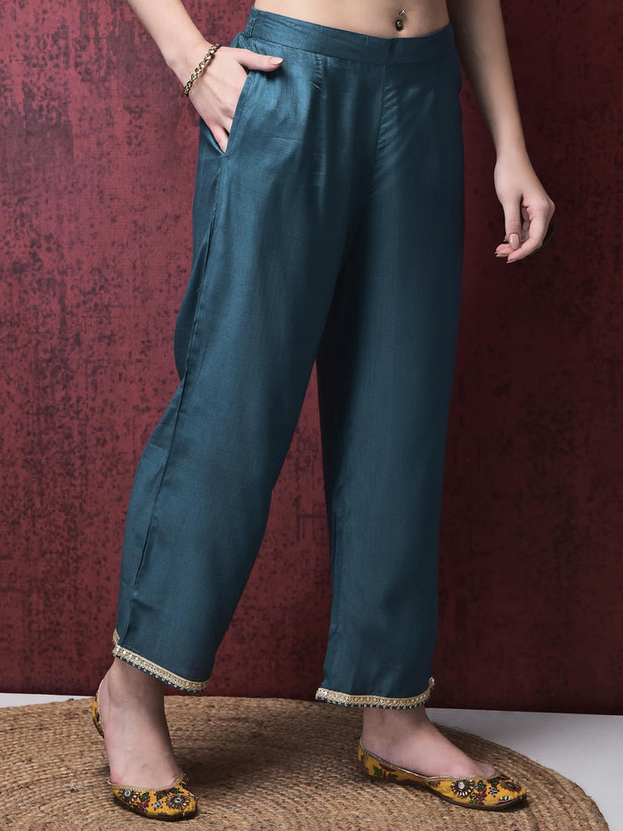 Women Dola Jacquard Blue Woven Kurta Comfort Pant Dupatta.