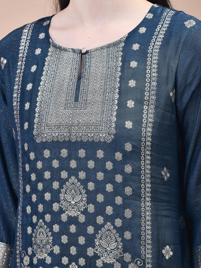 Women Dola Jacquard Blue Woven Kurta Comfort Pant Dupatta.
