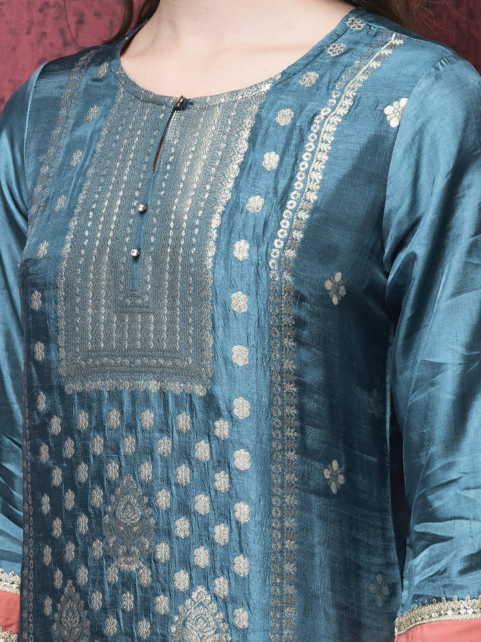Women Dola Jacquard Blue Woven Kurta Comfort Pant Dupatta.