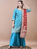 Women Dola Jacquard Blue Woven Kurta Sharara Dupatta.