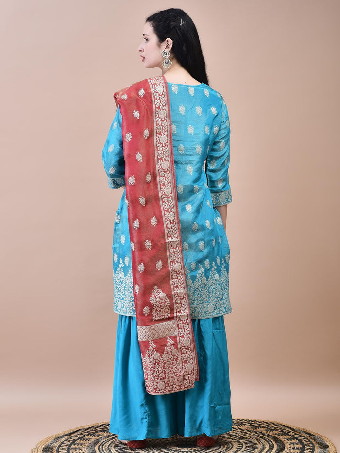 Women Dola Jacquard Blue Woven Kurta Sharara Dupatta.