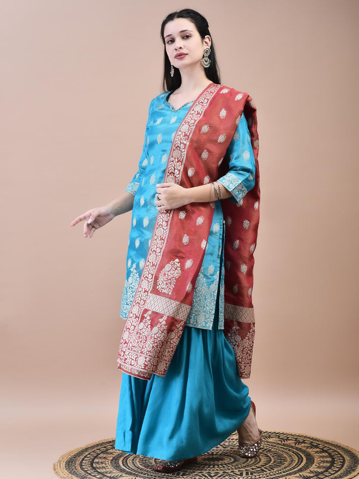 Women Dola Jacquard Blue Woven Kurta Sharara Dupatta.