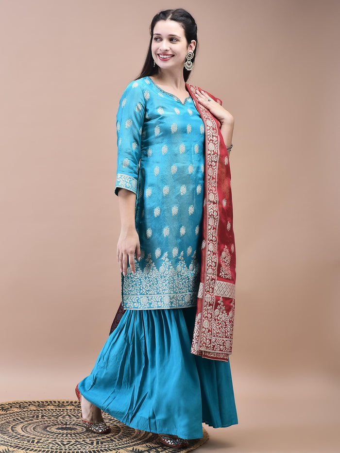 Women Dola Jacquard Blue Woven Kurta Sharara Dupatta.