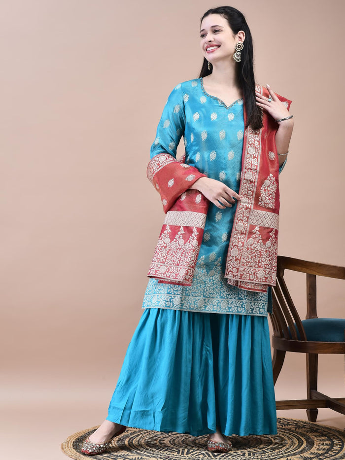 Women Dola Jacquard Blue Woven Kurta Sharara Dupatta.