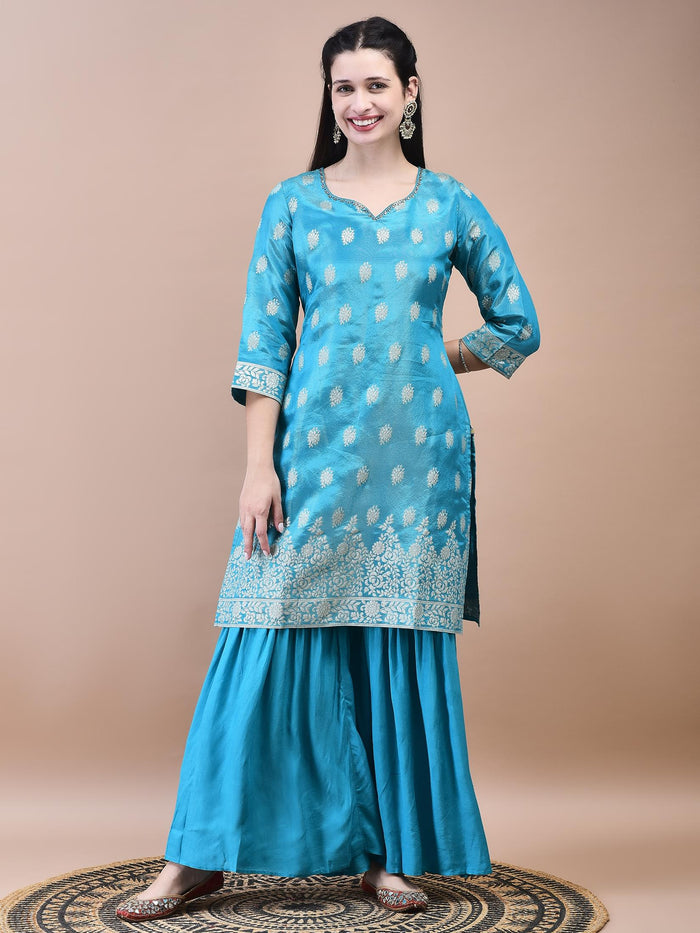 Women Dola Jacquard Blue Woven Kurta Sharara Dupatta.