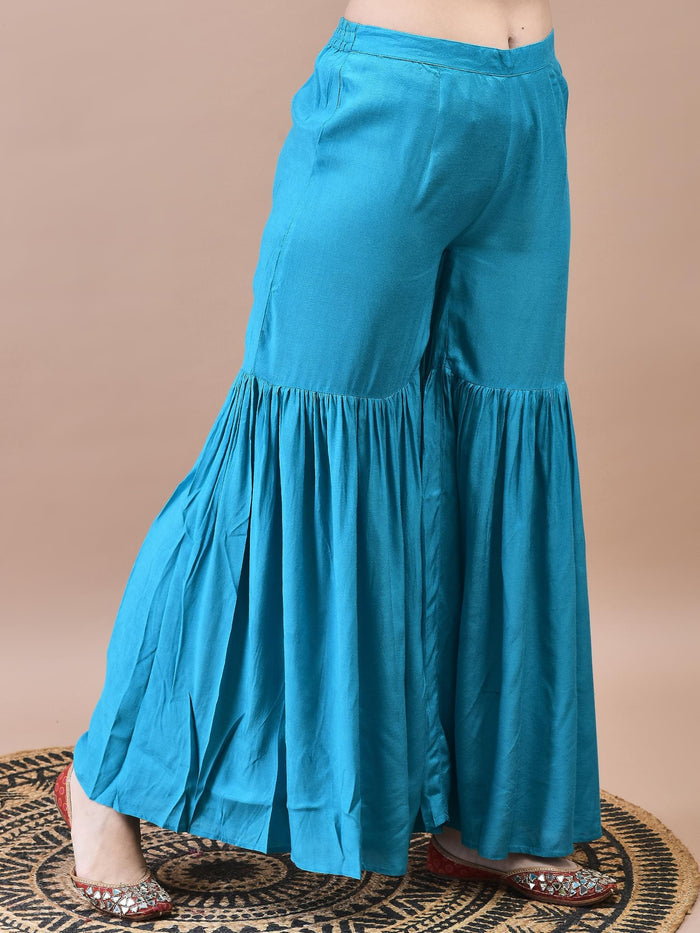 Women Dola Jacquard Blue Woven Kurta Sharara Dupatta.
