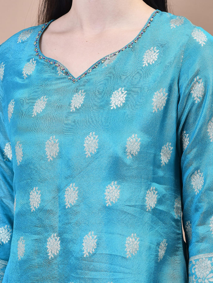 Women Dola Jacquard Blue Woven Kurta Sharara Dupatta.