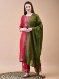 Women Dola Jacquard Fuchsia Woven Kurta Comfort Pant Dupatta.