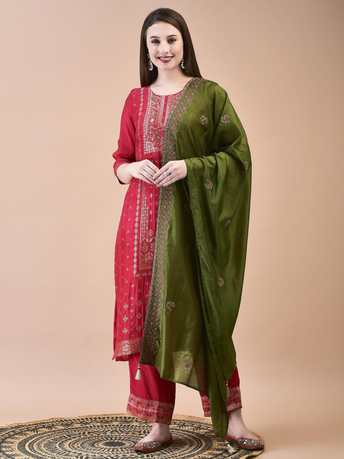 Women Dola Jacquard Fuchsia Woven Kurta Comfort Pant Dupatta.