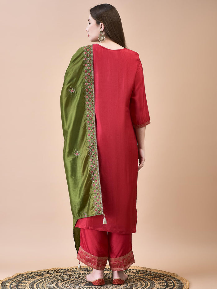 Women Dola Jacquard Fuchsia Woven Kurta Comfort Pant Dupatta.