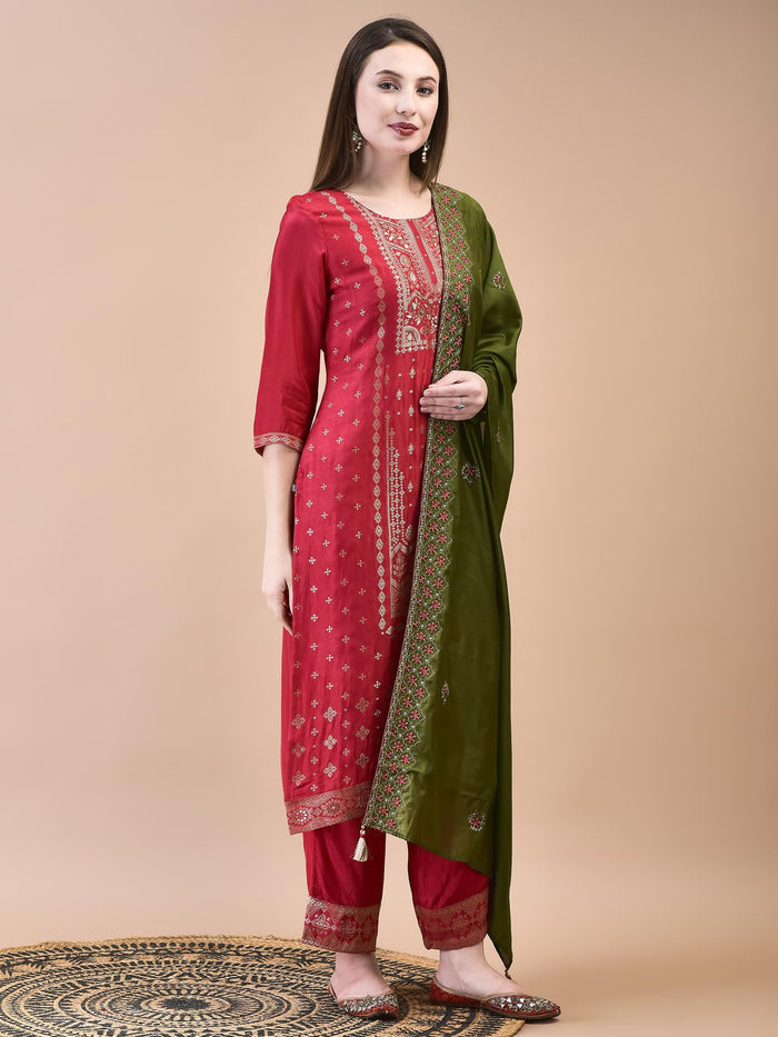 Women Dola Jacquard Fuchsia Woven Kurta Comfort Pant Dupatta.