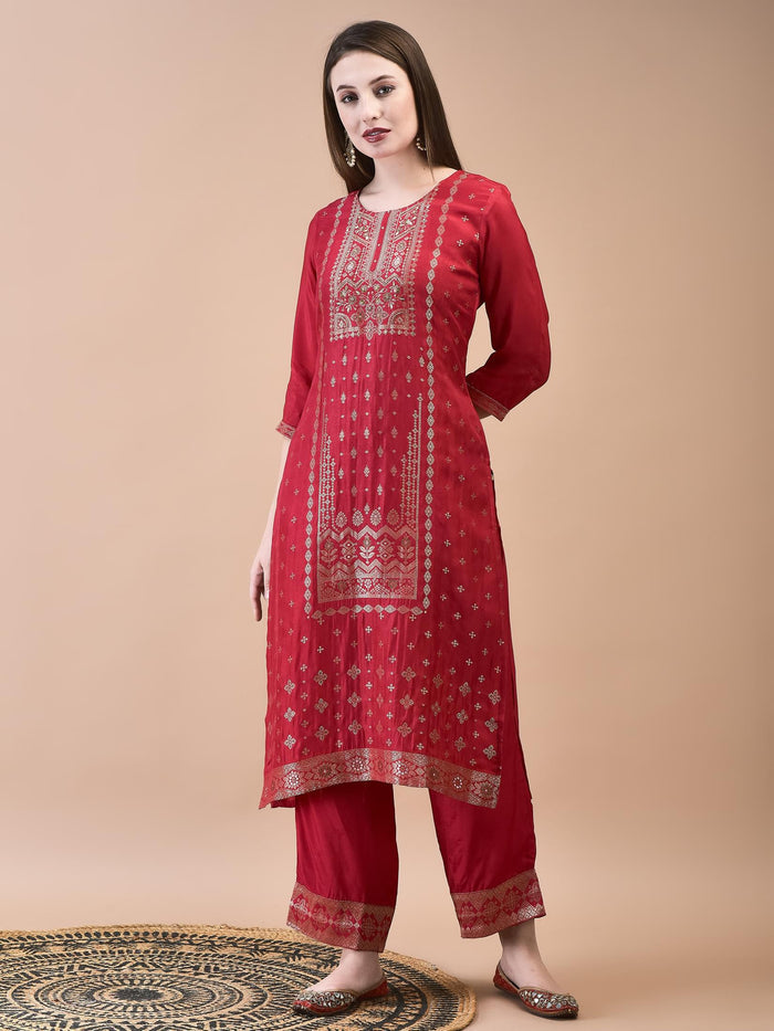 Women Dola Jacquard Fuchsia Woven Kurta Comfort Pant Dupatta.