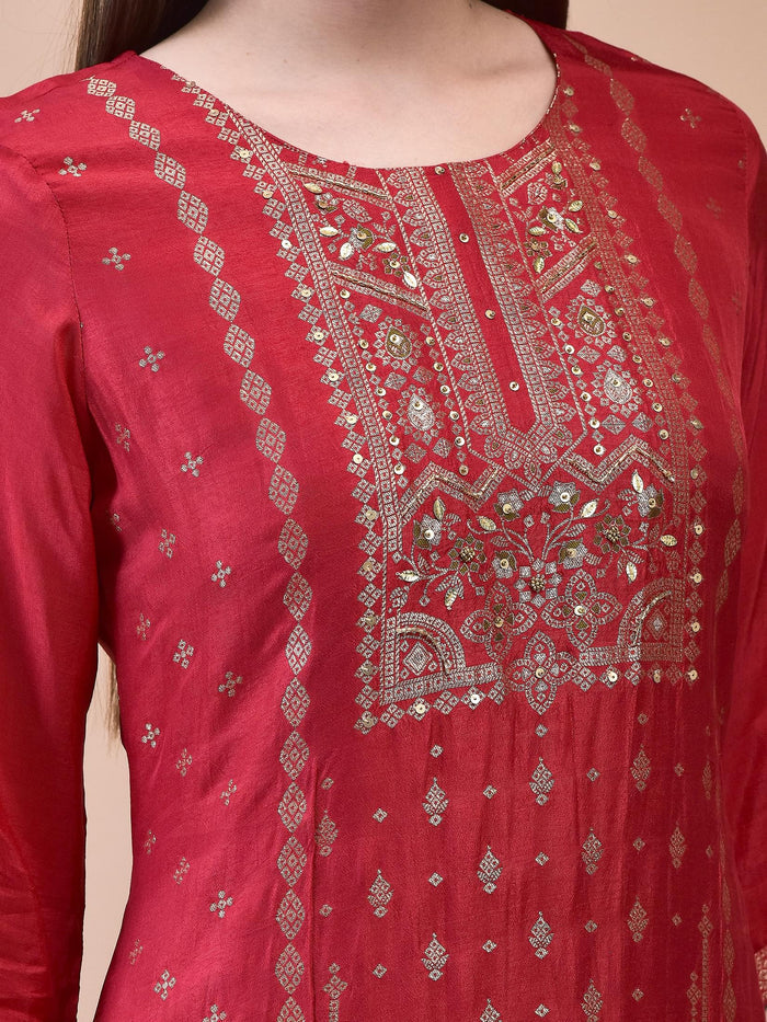 Women Dola Jacquard Fuchsia Woven Kurta Comfort Pant Dupatta.