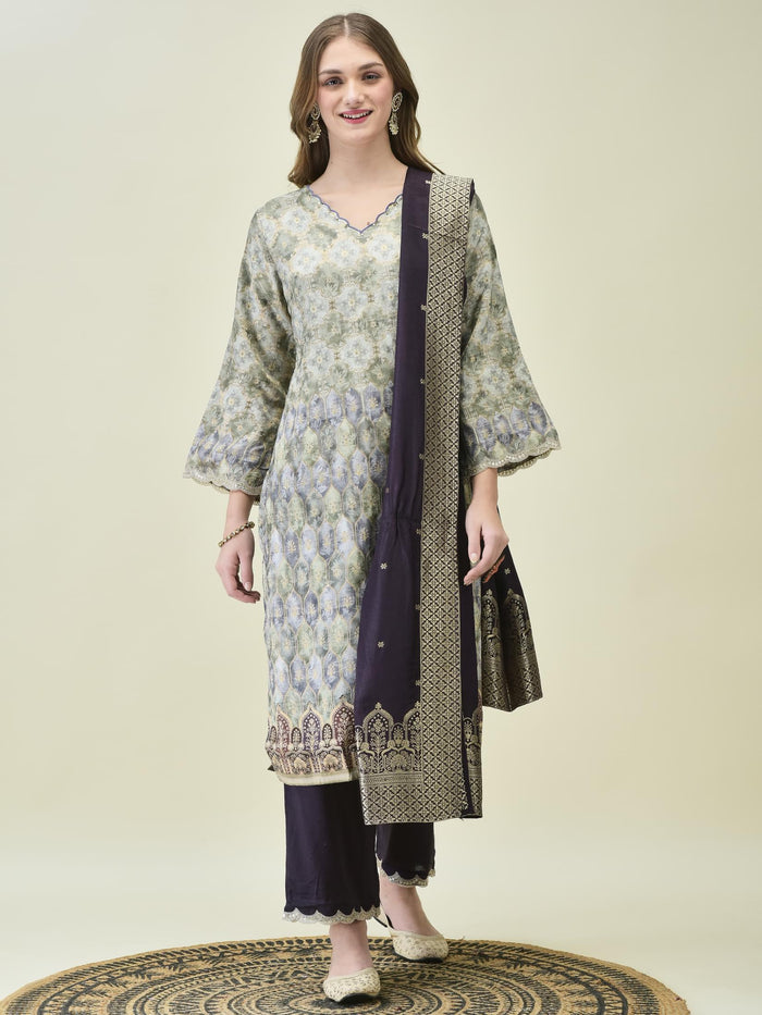 Women Dola Jacquard Grey Kurta Comfort Pant Dupatta.