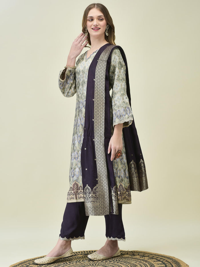 Women Dola Jacquard Grey Kurta Comfort Pant Dupatta.