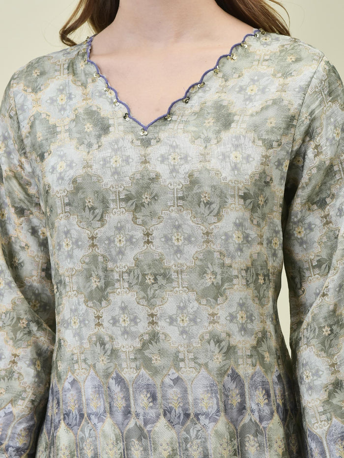 Women Dola Jacquard Grey Kurta Comfort Pant Dupatta.