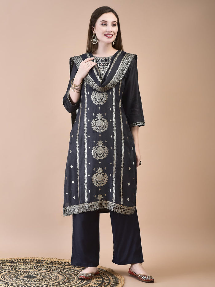 Women Dola Jacquard Grey Woven Kurta Comfort Pant Dupatta.