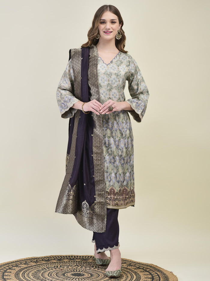 Women Dola Jacquard Grey Woven Kurta Comfort Pant Dupatta.