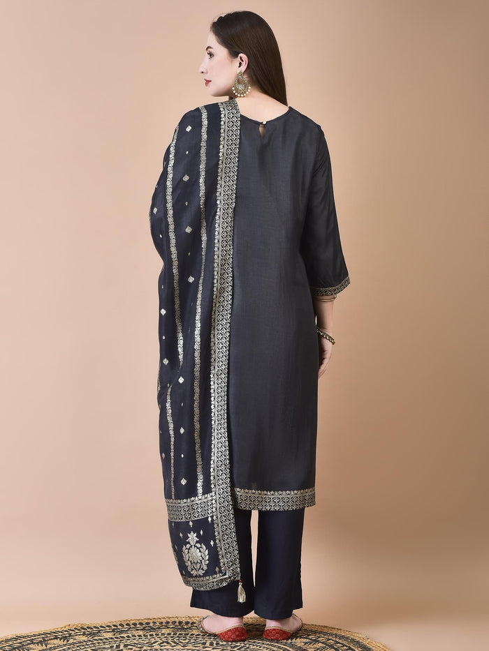 Women Dola Jacquard Grey Woven Kurta Comfort Pant Dupatta.
