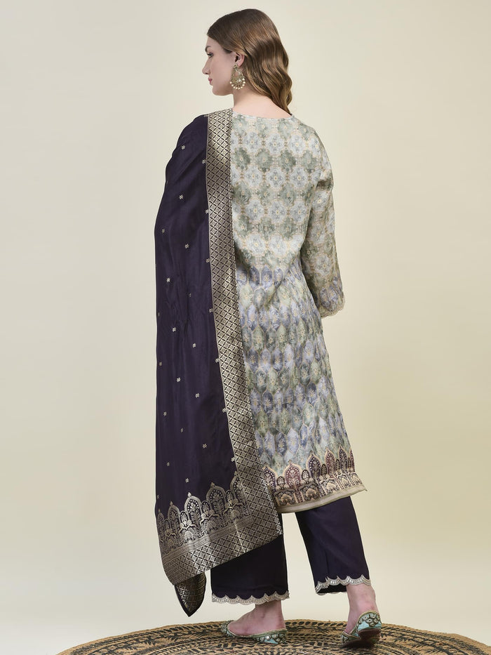 Women Dola Jacquard Grey Woven Kurta Comfort Pant Dupatta.