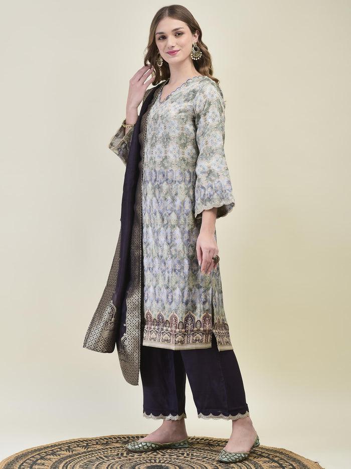 Women Dola Jacquard Grey Woven Kurta Comfort Pant Dupatta.