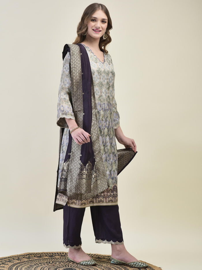 Women Dola Jacquard Grey Woven Kurta Comfort Pant Dupatta.
