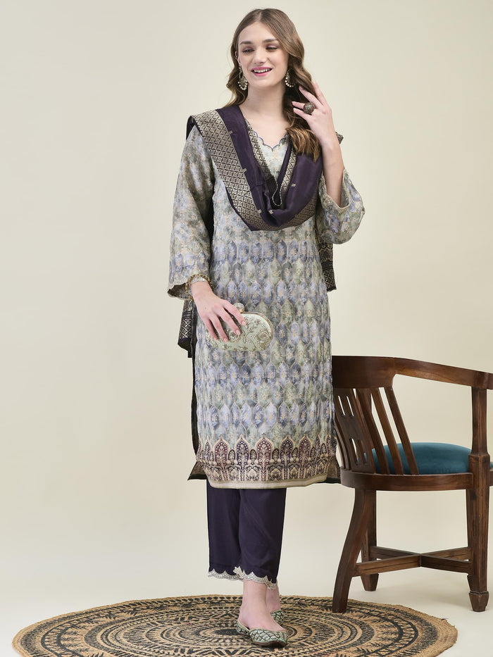 Women Dola Jacquard Grey Woven Kurta Comfort Pant Dupatta.