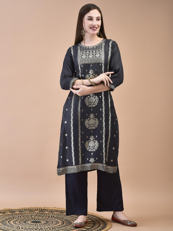 Women Dola Jacquard Grey Woven Kurta Comfort Pant Dupatta.