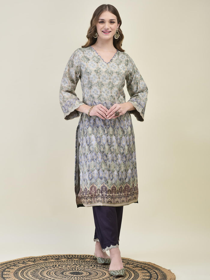 Women Dola Jacquard Grey Woven Kurta Comfort Pant Dupatta.