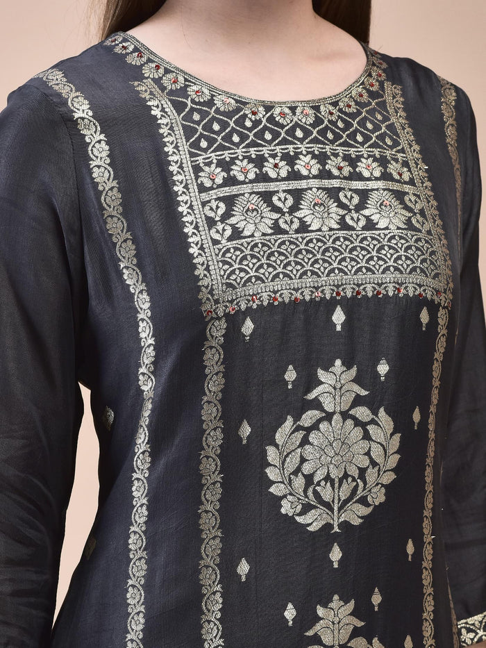 Women Dola Jacquard Grey Woven Kurta Comfort Pant Dupatta.