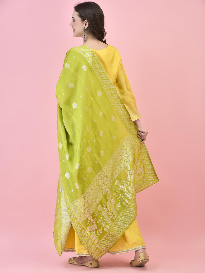 Women Dola Jacquard Lemon Yellow Kurta Sharara Dupatta.