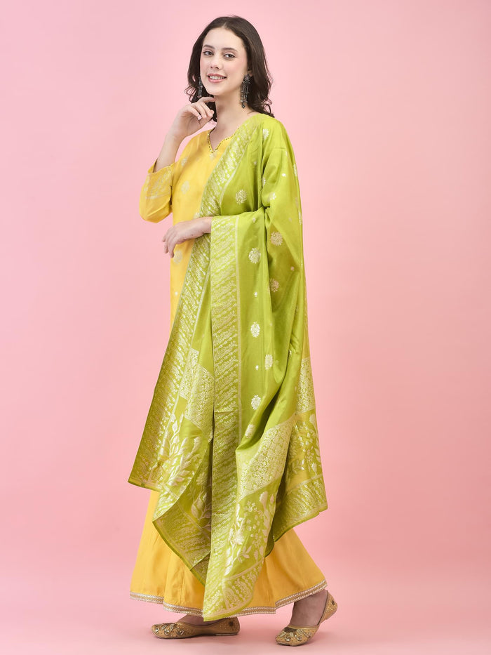 Women Dola Jacquard Lemon Yellow Kurta Sharara Dupatta.