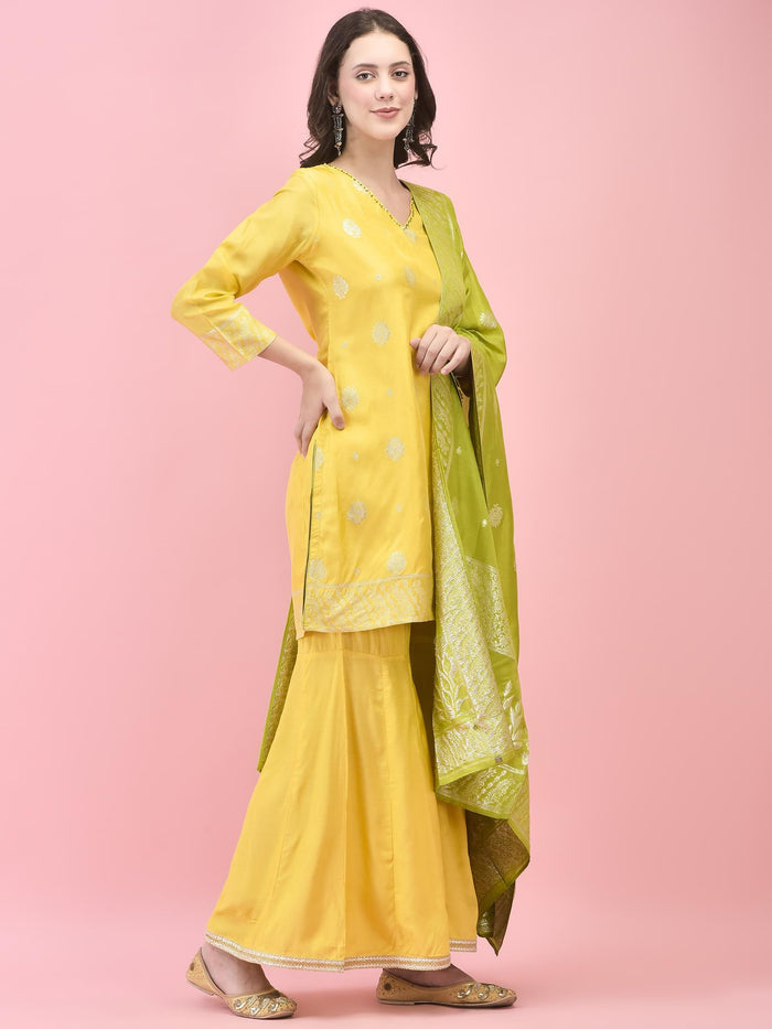 Women Dola Jacquard Lemon Yellow Kurta Sharara Dupatta.