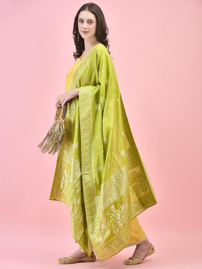 Women Dola Jacquard Lemon Yellow Kurta Sharara Dupatta.