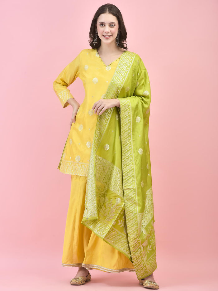 Women Dola Jacquard Lemon Yellow Kurta Sharara Dupatta.