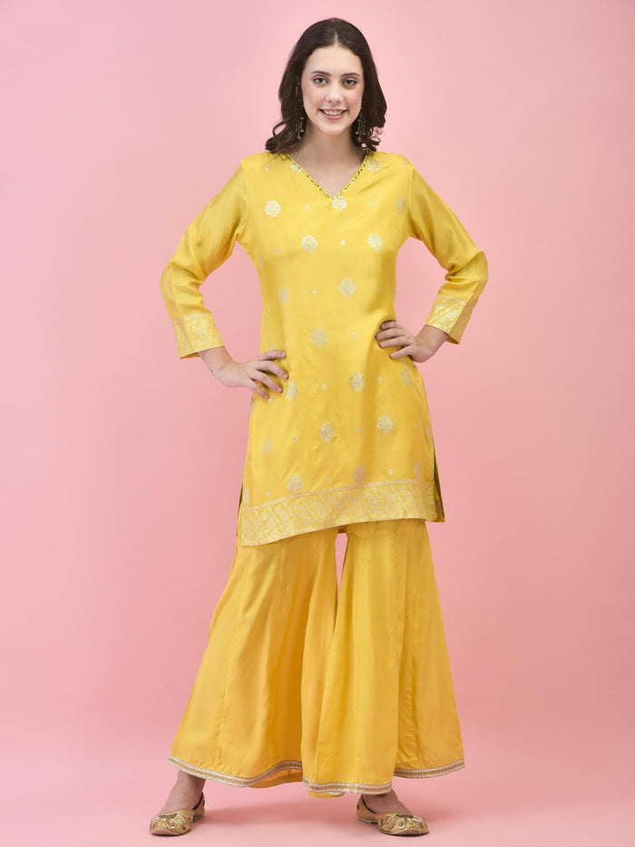Women Dola Jacquard Lemon Yellow Kurta Sharara Dupatta.