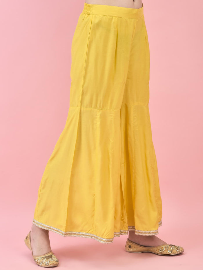 Women Dola Jacquard Lemon Yellow Kurta Sharara Dupatta.